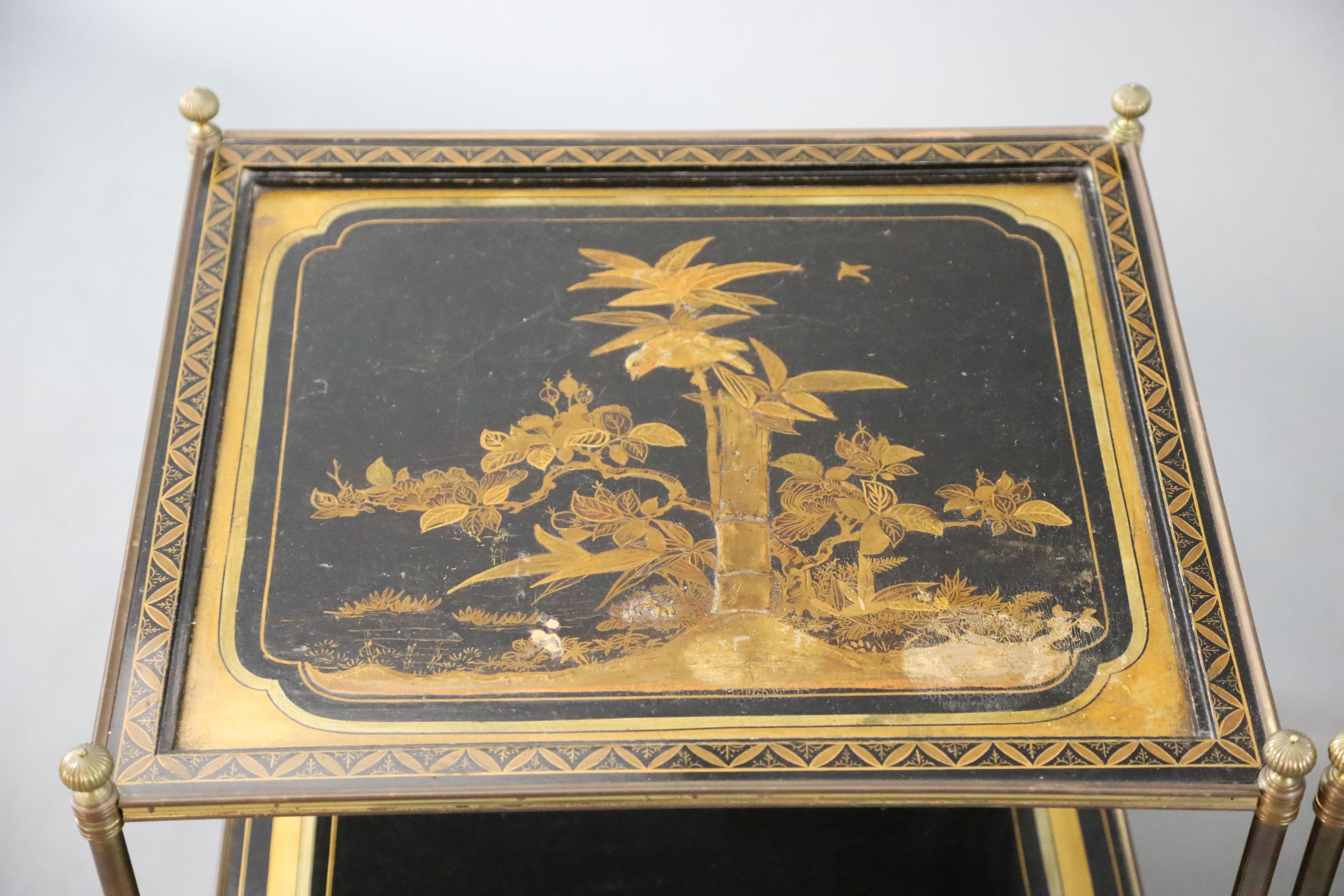 A pair of French brass and chinoiserie black lacquered two tier occasional tables, W.1ft 10in. D.1ft 7in. H.1ft 11in.